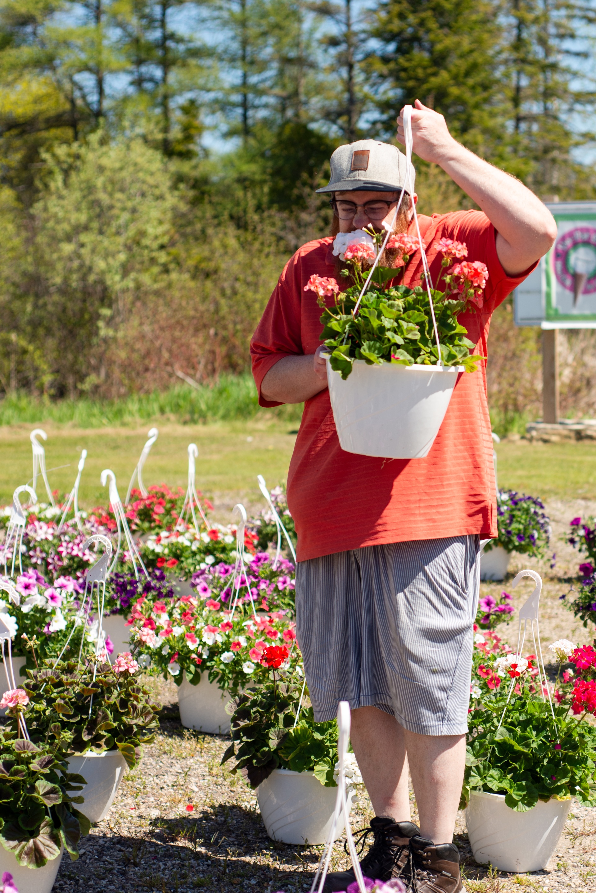Customers shopping for spring hanging flower baskets to decorate UP camps during the Andruk Acres flower pop up event