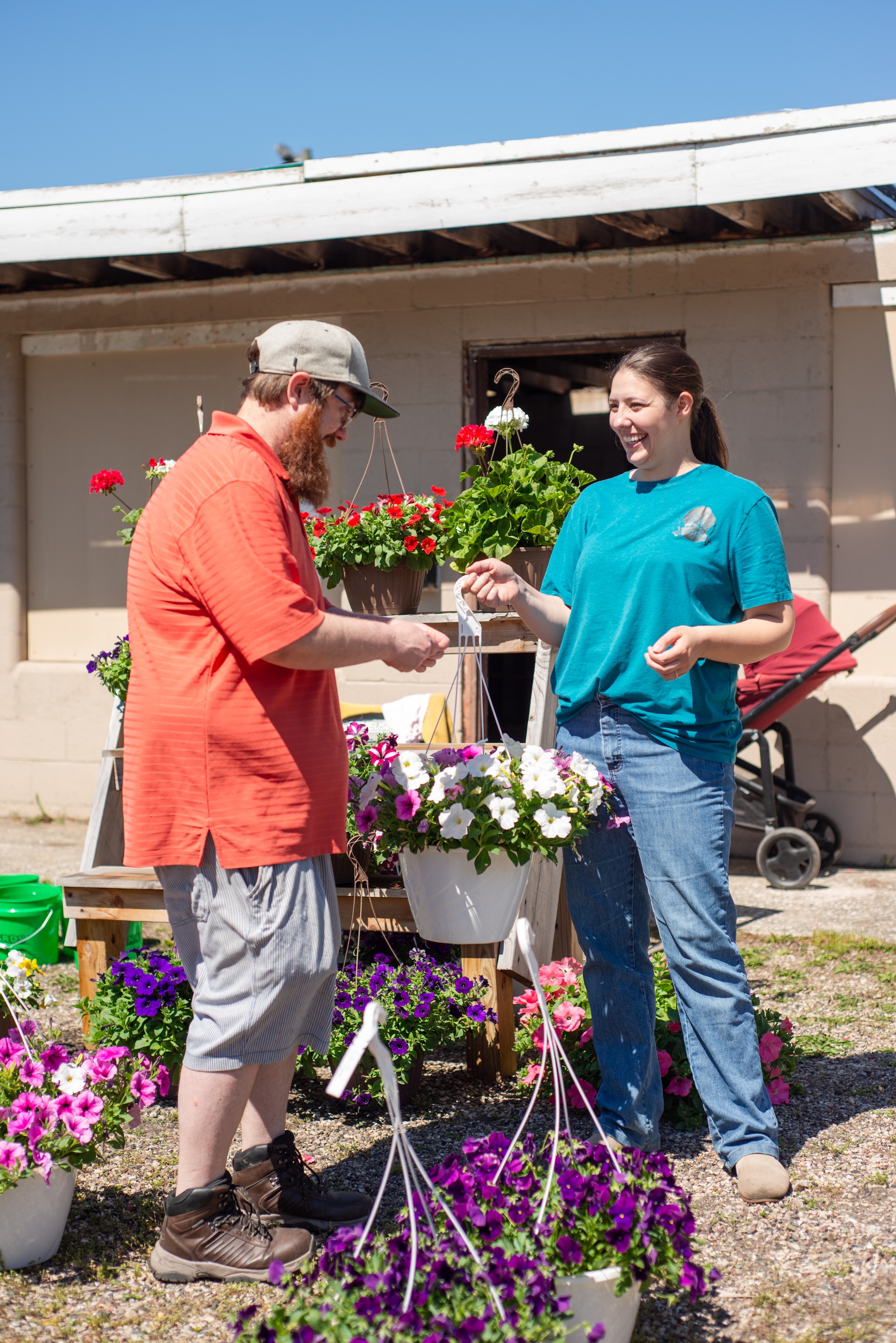 Customers shopping for spring hanging flower baskets to decorate UP camps during the Andruk Acres flower pop up event