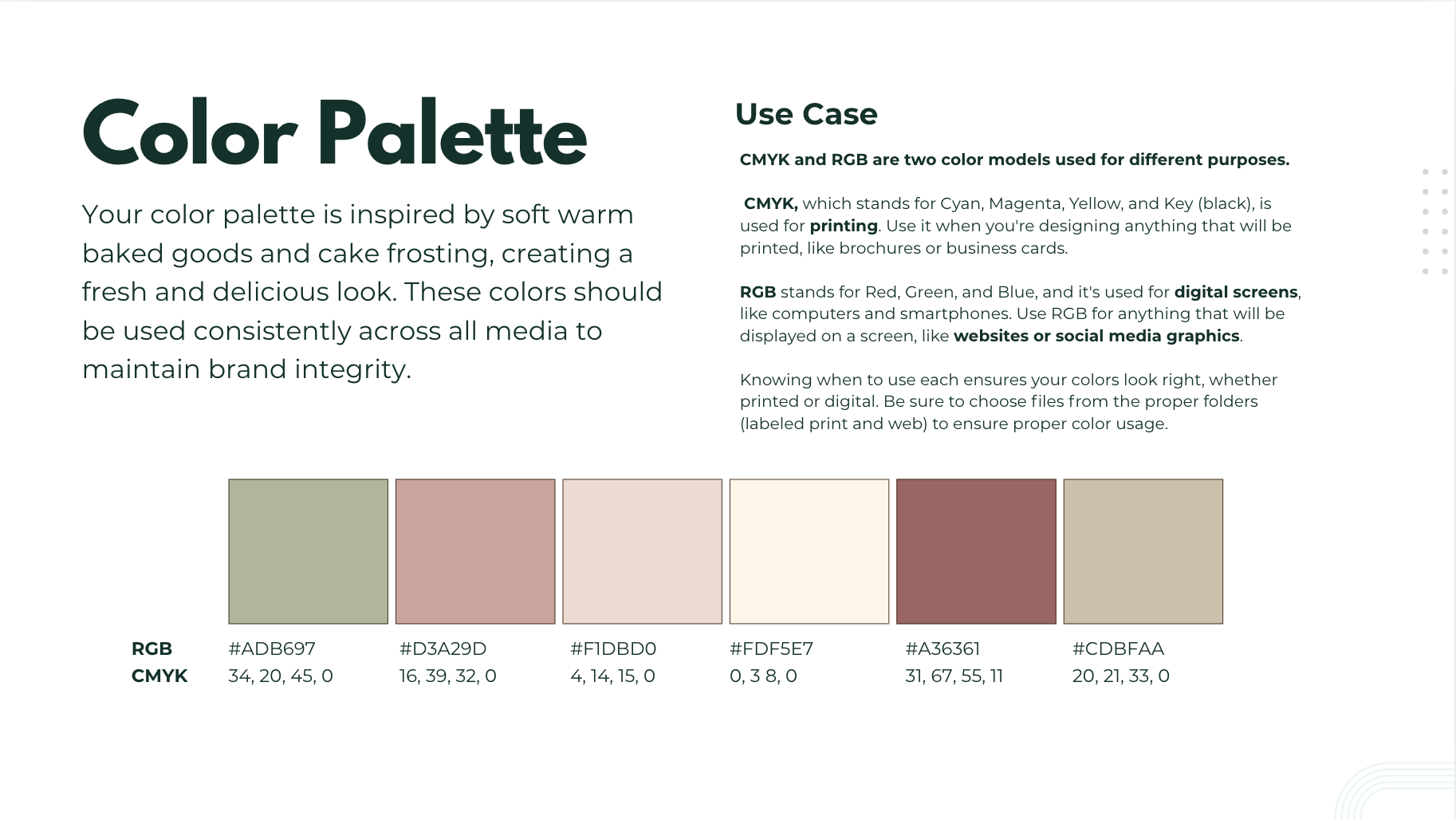 The final color palette. Foody, earthy, sweet, and simple.