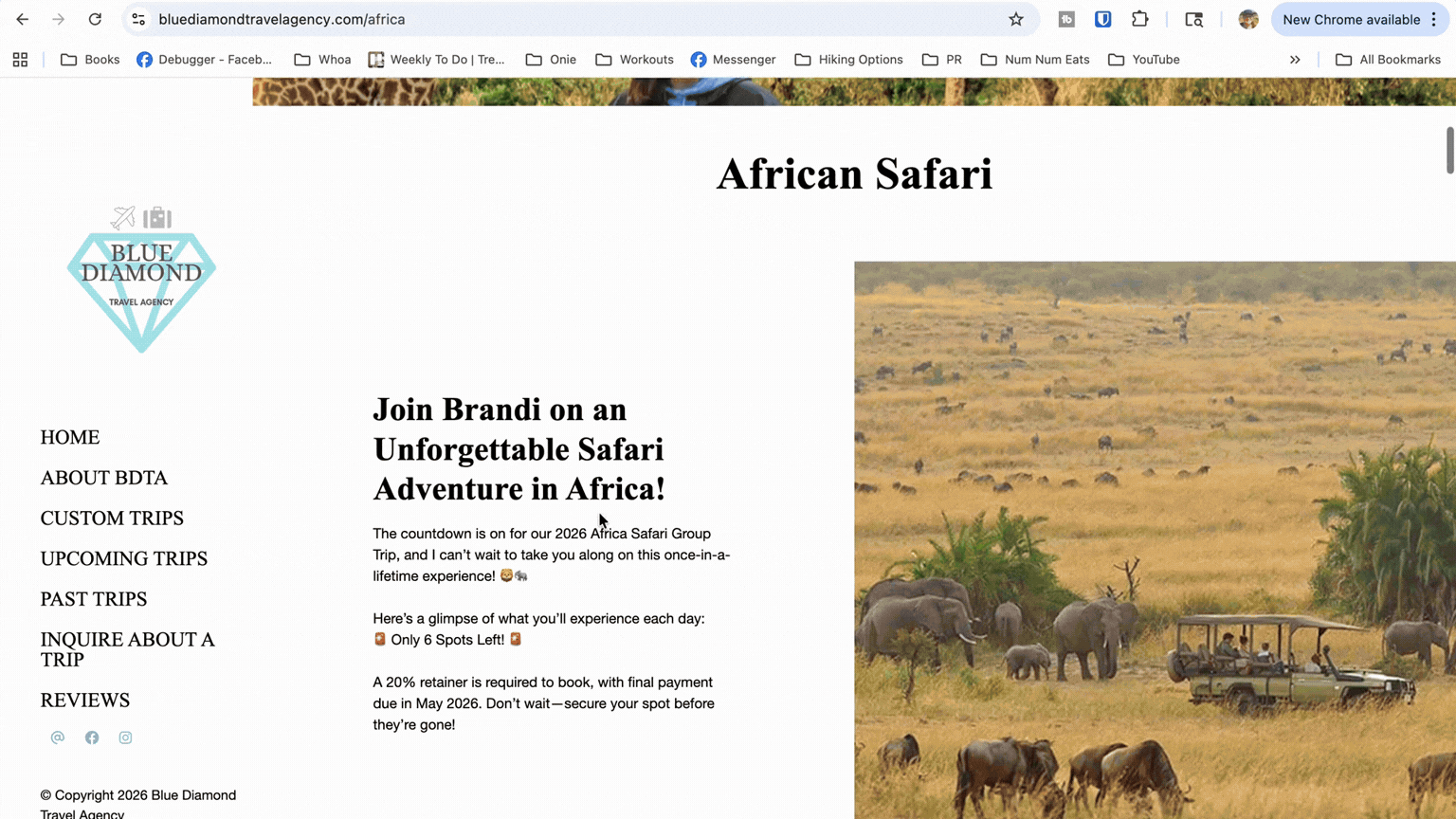 scrolling GIF of Africa trip page for travel agent
